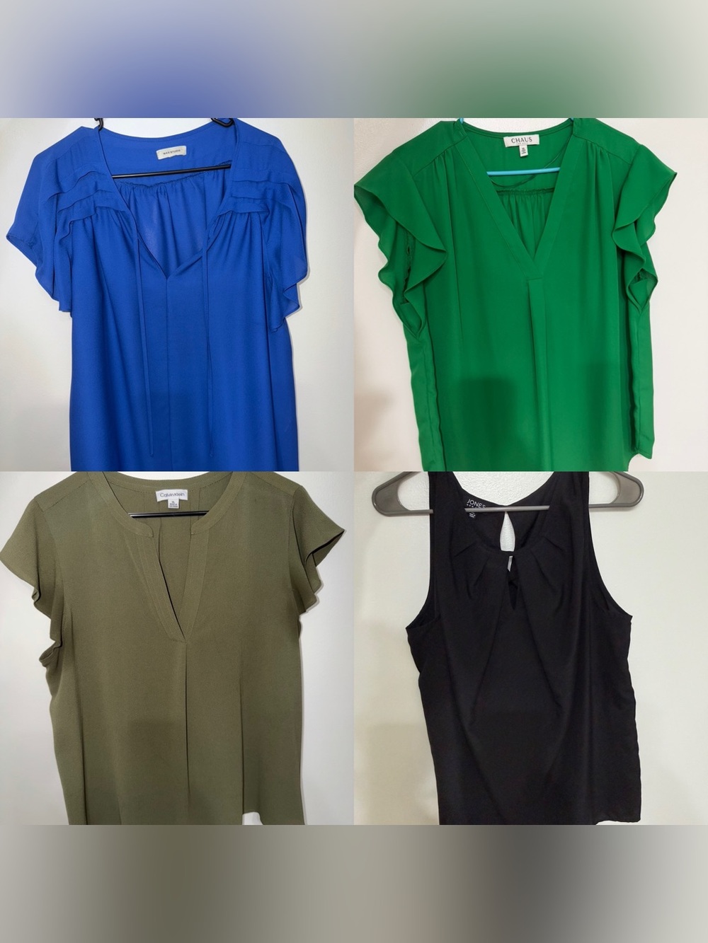 Jones New York Green Ruffle Sleeve V-Neck Blouse